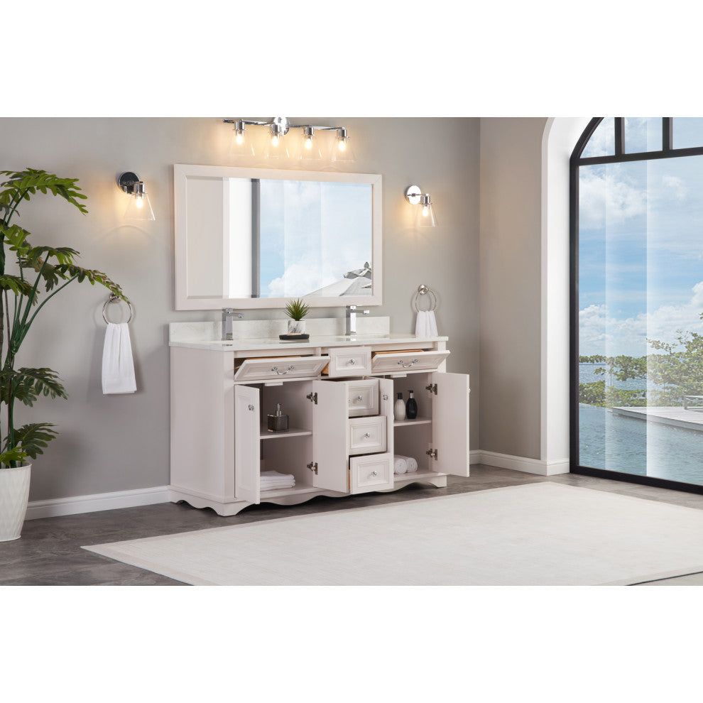 Legion Furniture WS2512 Series Bathroom Sink Vanity, Dreamy White, 60", Artificial Stone Top, Double Sink