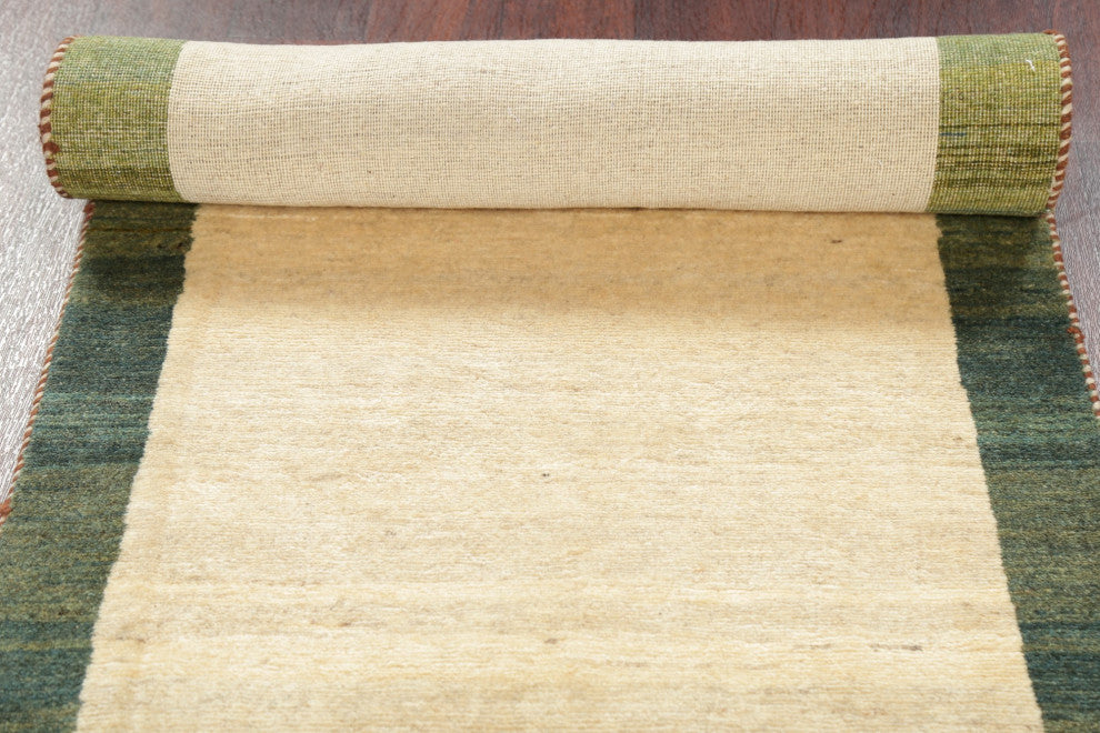 Gabbeh Border Traditional Area Rug Hand-Knotted Persian, Beige, 10'8"x2'7