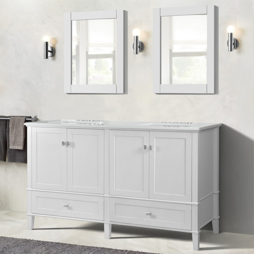61" Double Vanity, White With Engineered Stone Top