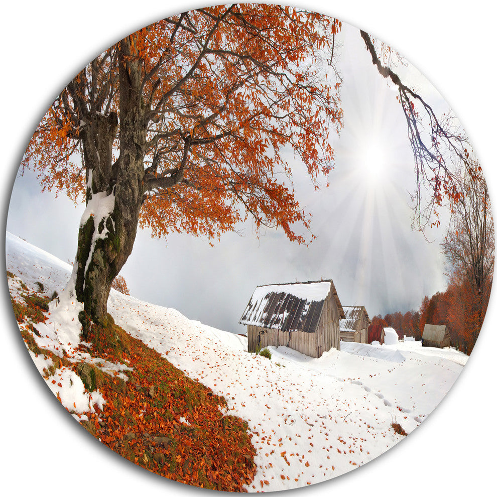 Sudden Snow In First Autumn, Landscape Photo Disc Metal Artwork, 11"