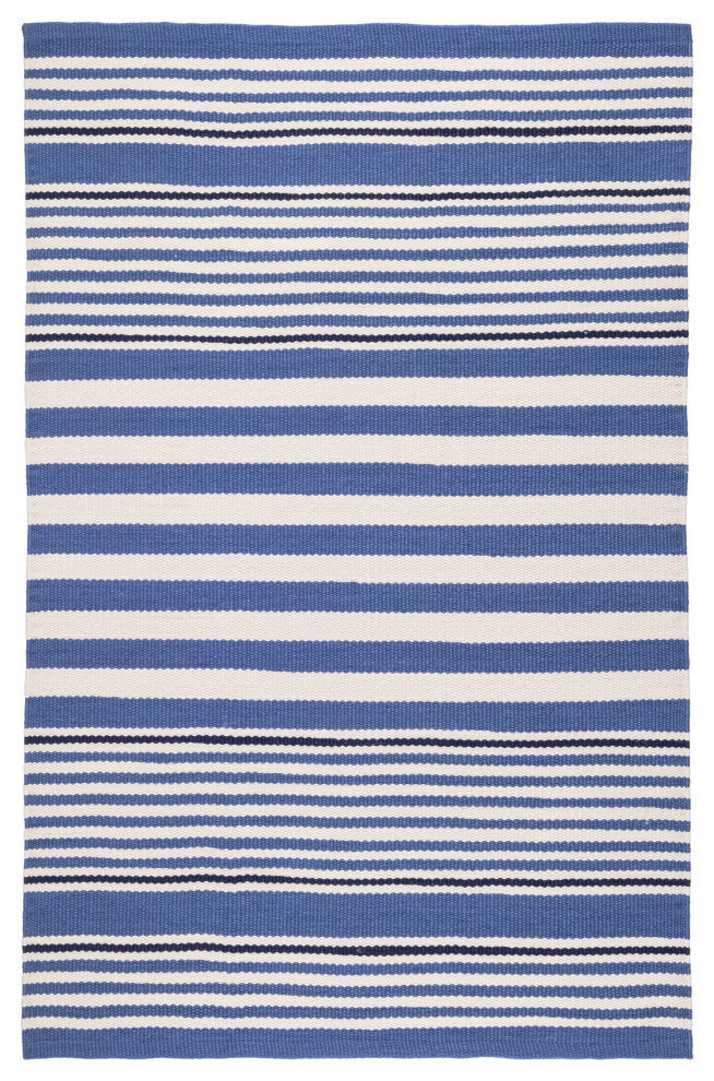 Dash & Albert Rugby Stripe Denim Handwoven Indoor/Outdoor Rug, Blue, 2'6" x 12'