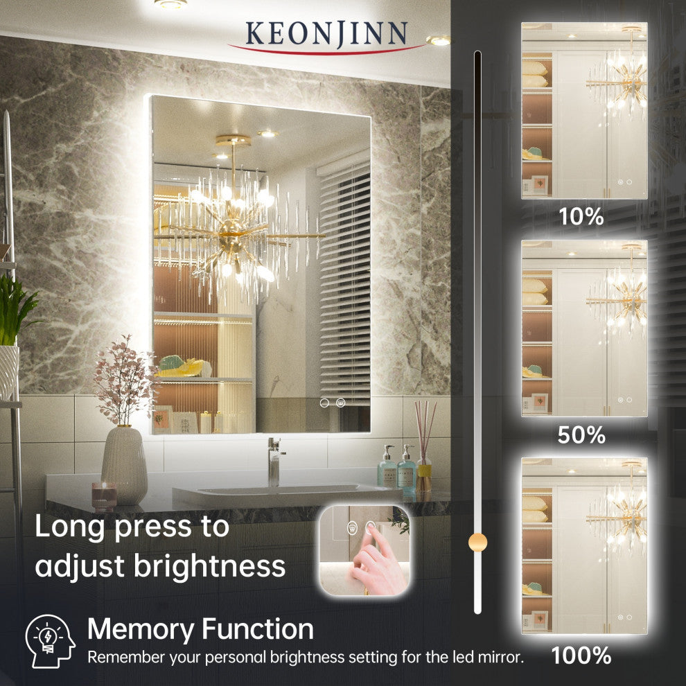 Backlit 3-Color LED Mirror for Bathroom, Anti-Fog Dimmable, 24x36