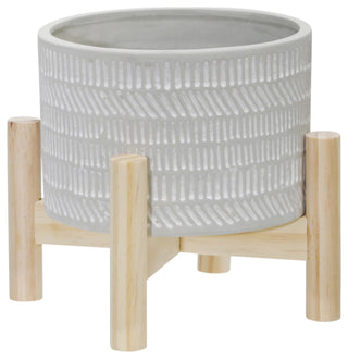 6" Ceramic Tribal Planter With Wood Stand, Beige