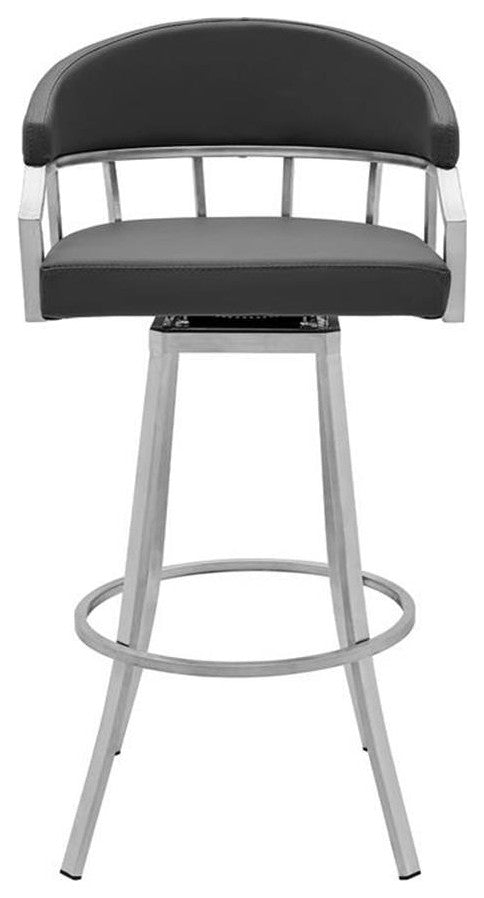 Pemberly Row 30" Modern Metal and Faux Leather Swivel Bar Stool in Gray
