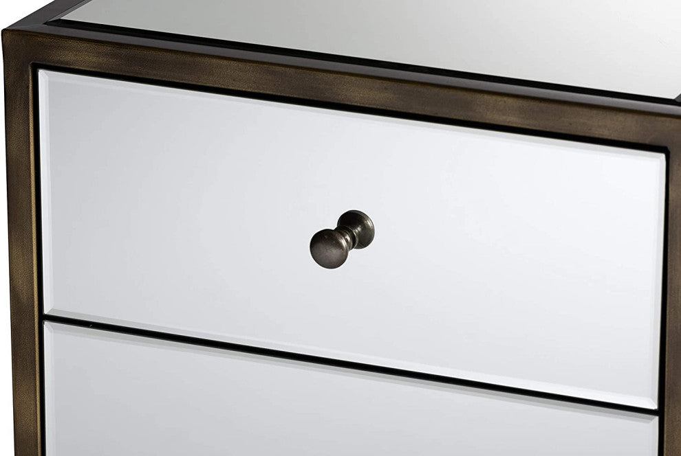Mirrored Nightstand, 3 Storage Drawers and Antique Brass Trim Accent, Silver