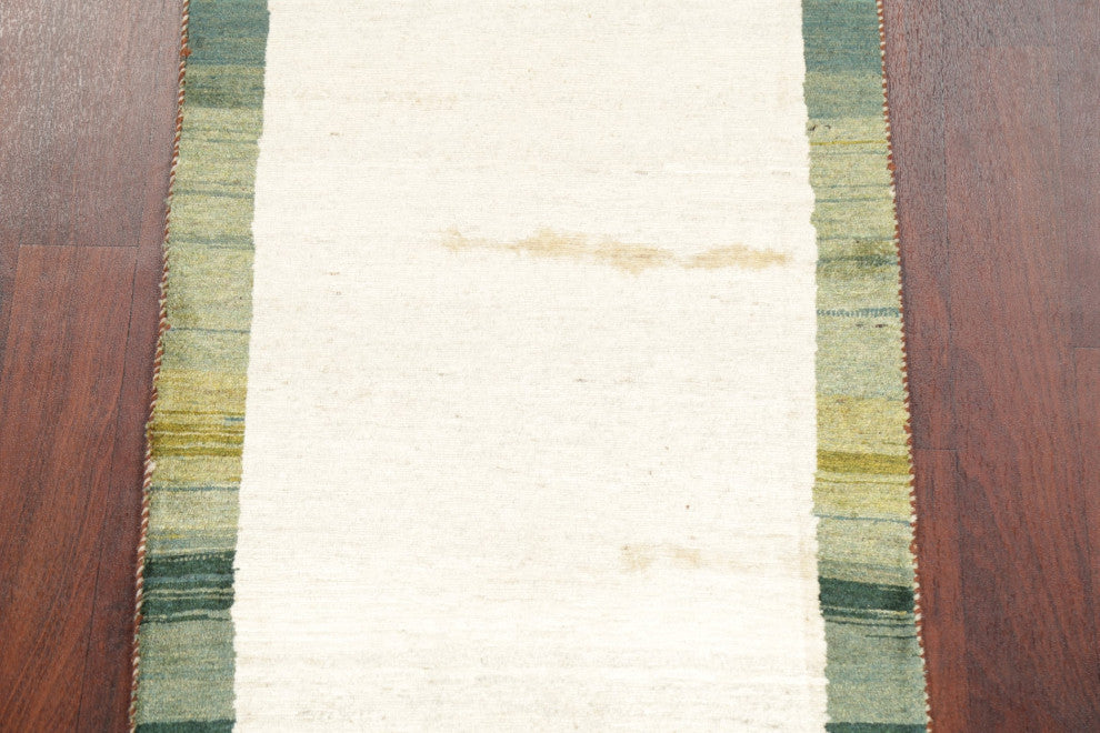 Gabbeh Border Traditional Area Rug Hand-Knotted Persian, Beige, 10'8"x2'7