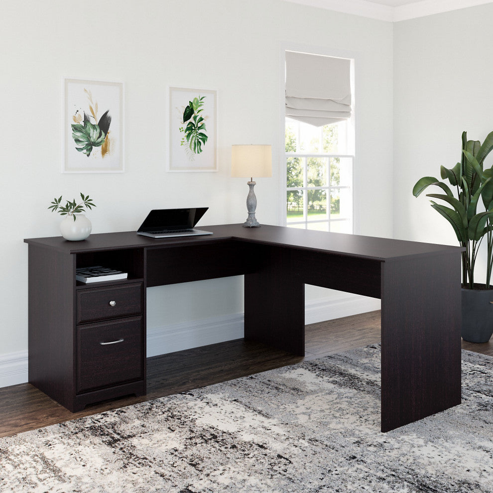Cabot L Shaped Computer Desk With Drawers, Espresso Oak