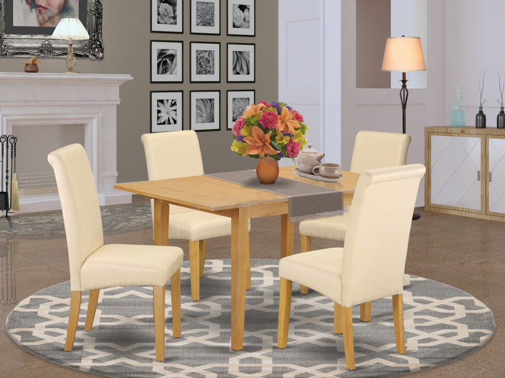 5Pc Kitchen Table With Linen Beige Fabric Parson Chairs With Oak Chair Legs