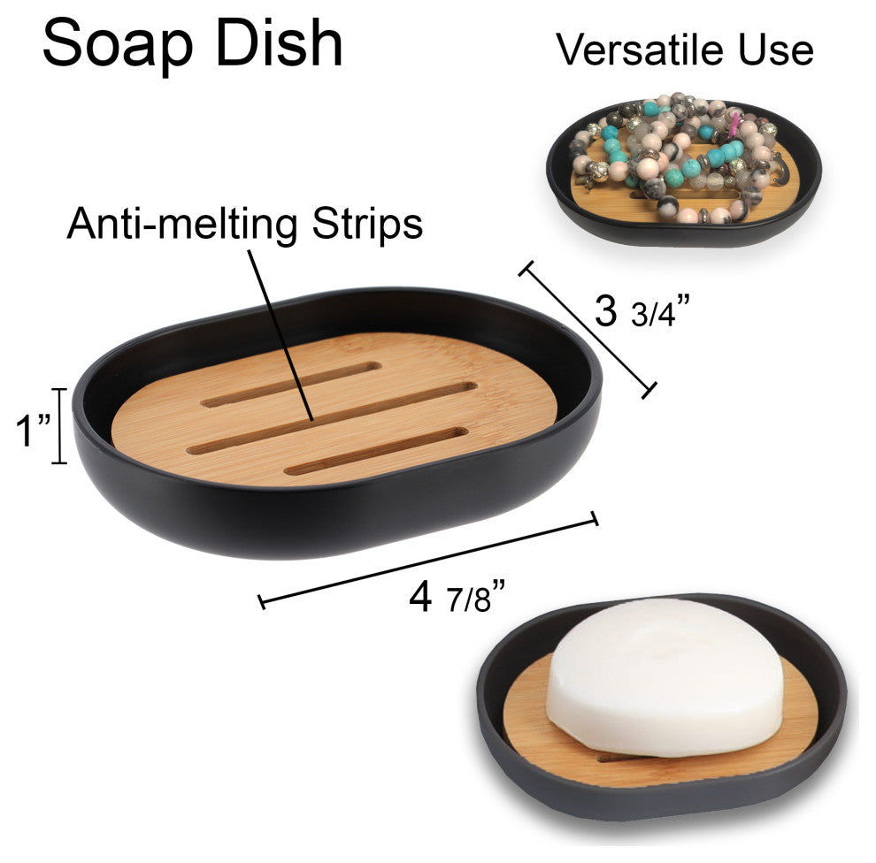 Black PADANG Soap Dish Cup Dispenser with Bamboo Tray