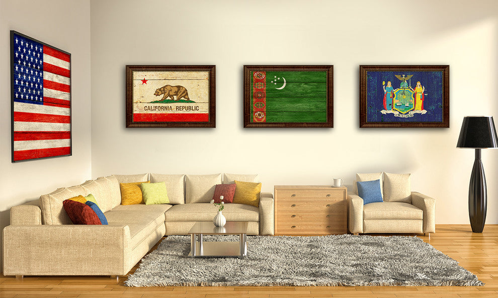 Turkmenistan Country Textured Flag Print With Brown Gold Frame, 15"X21"