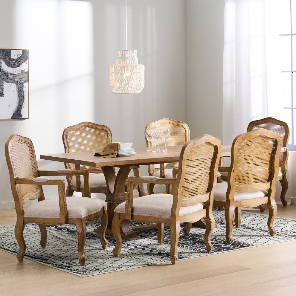 Biorn French Country Wood and Cane 7-Piece Expandable Dining Set, Beige/Natural