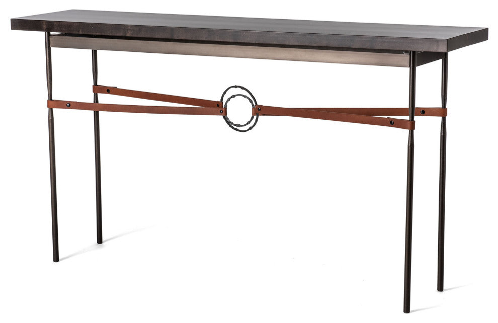 Equus Wood Top Console Table, Dark Smoke Finish, Chestnut Leather, Espresso Maple Wood Top
