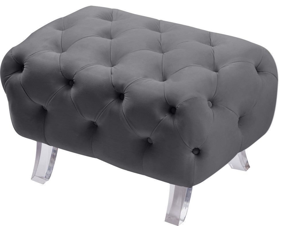 Crescent Velvet Upholstered Ottoman, Gray