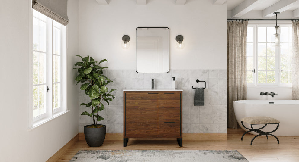 Bradford Bath Vanity, Walnut, 36", Black Hardware, Single Sink, Freestanding