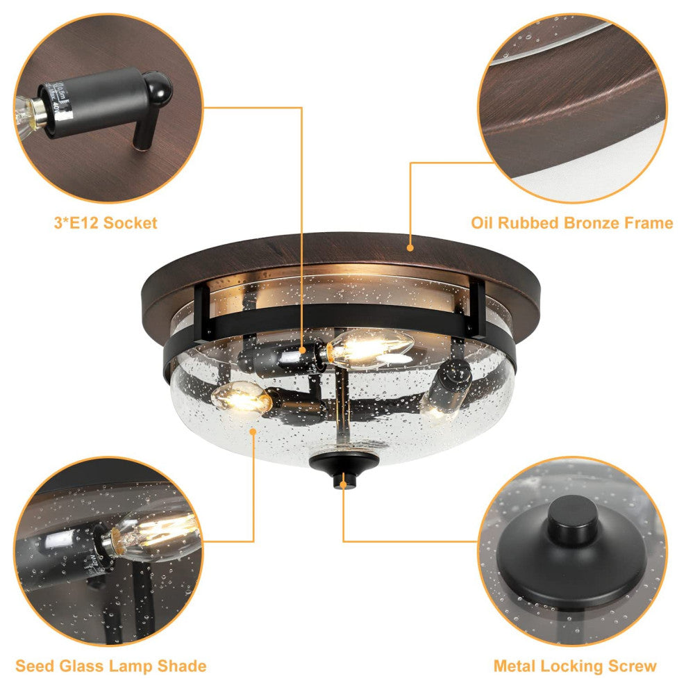 3 Light Industrial Flush Mount Ceiling Light Farmhouse, Glass