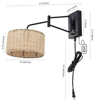 Safavieh Bramley Wall Sconce Set of 2 w/ USB Port Black/Natural Rattan