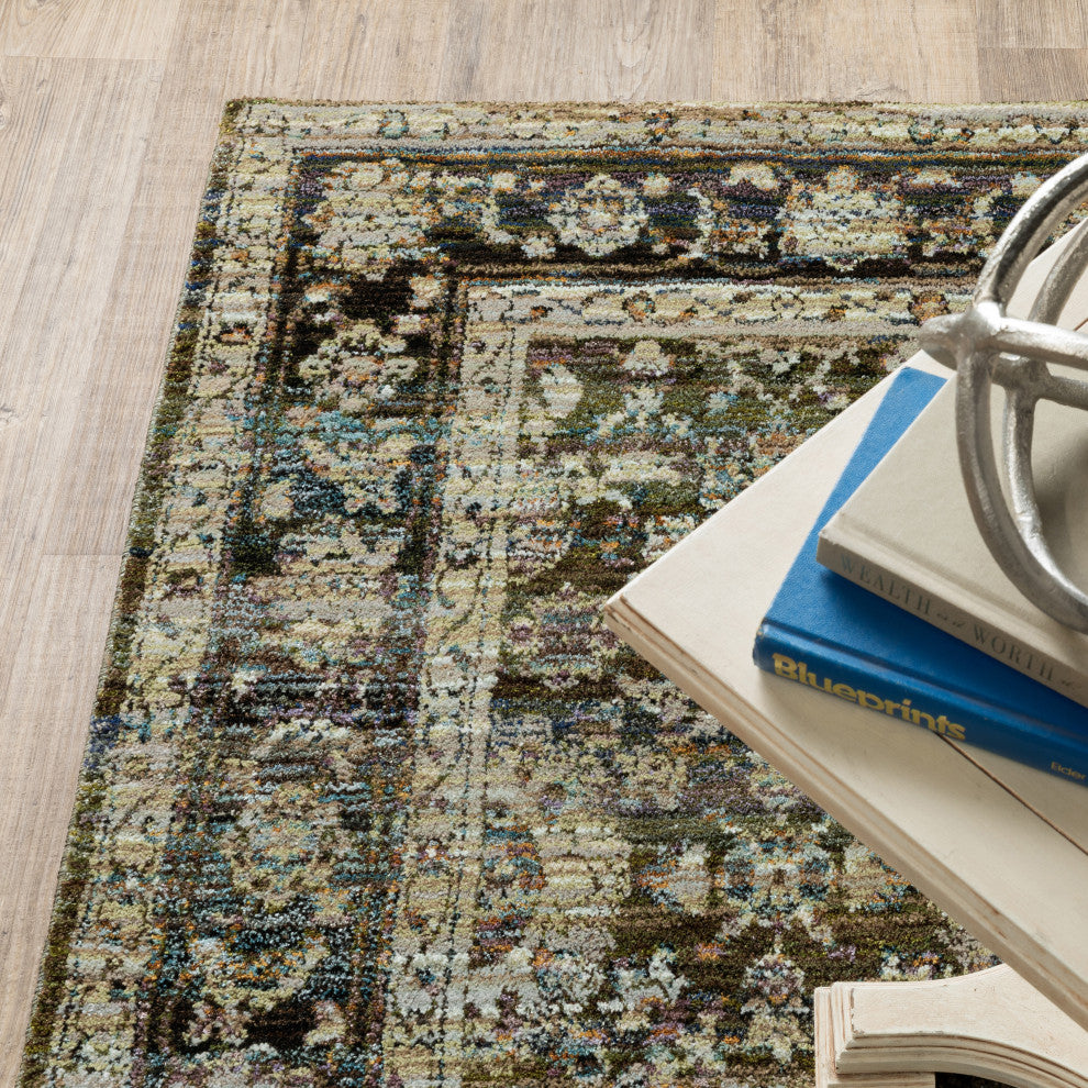 Adeline Distressed Floral Traditions Green and  Multi Area Rug, 2'6"x12'