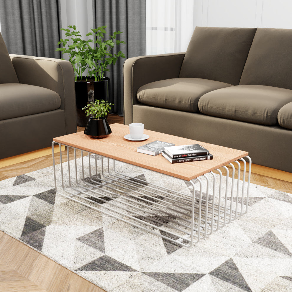 LeisureMod Walden Rectangular Coffee Table Powder Coated Steel Frame, White