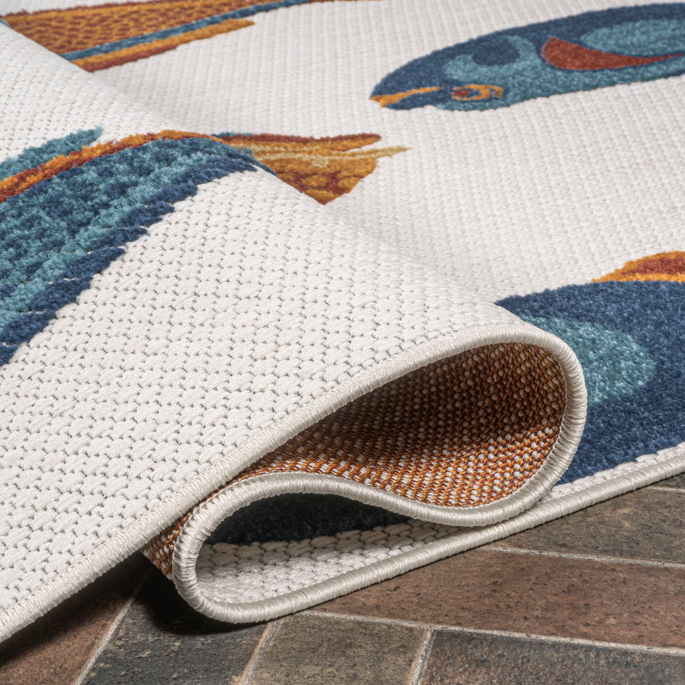 Algarve Modern Fish High-Low Indoor/Outdoor Area Rug, Navy/Orange/Cream, 5 X 8