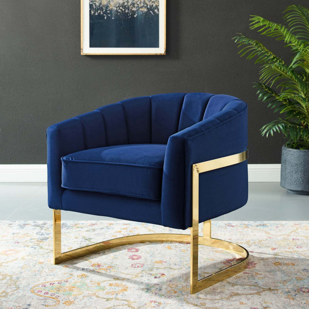 Lounge Accent Side Chair Armchair, Velvet Fabric Metal Steel, Navy Blue