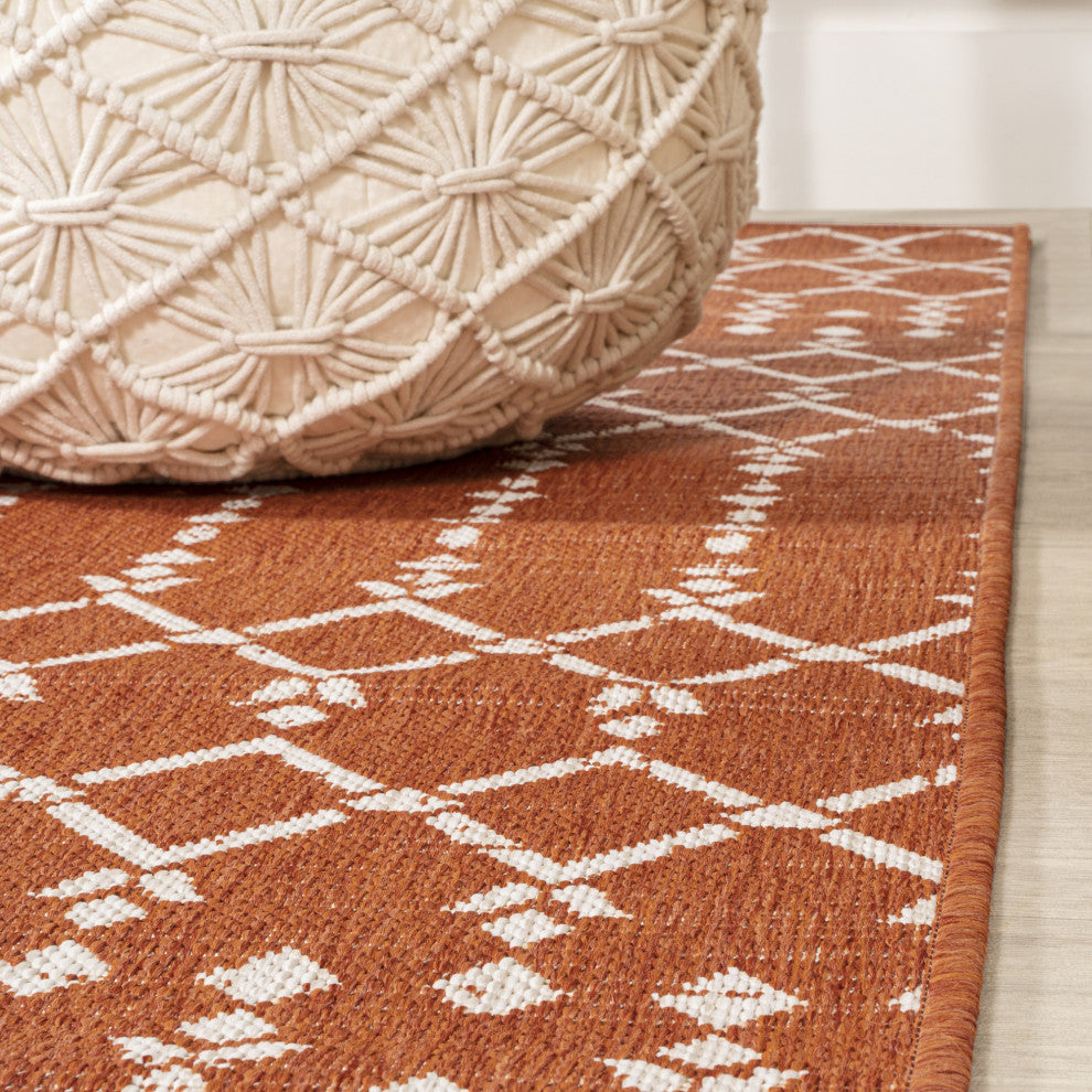 Ourika Moroccan Geometric Indoor/Outdoor Rug, Orange/Cream, 2x10
