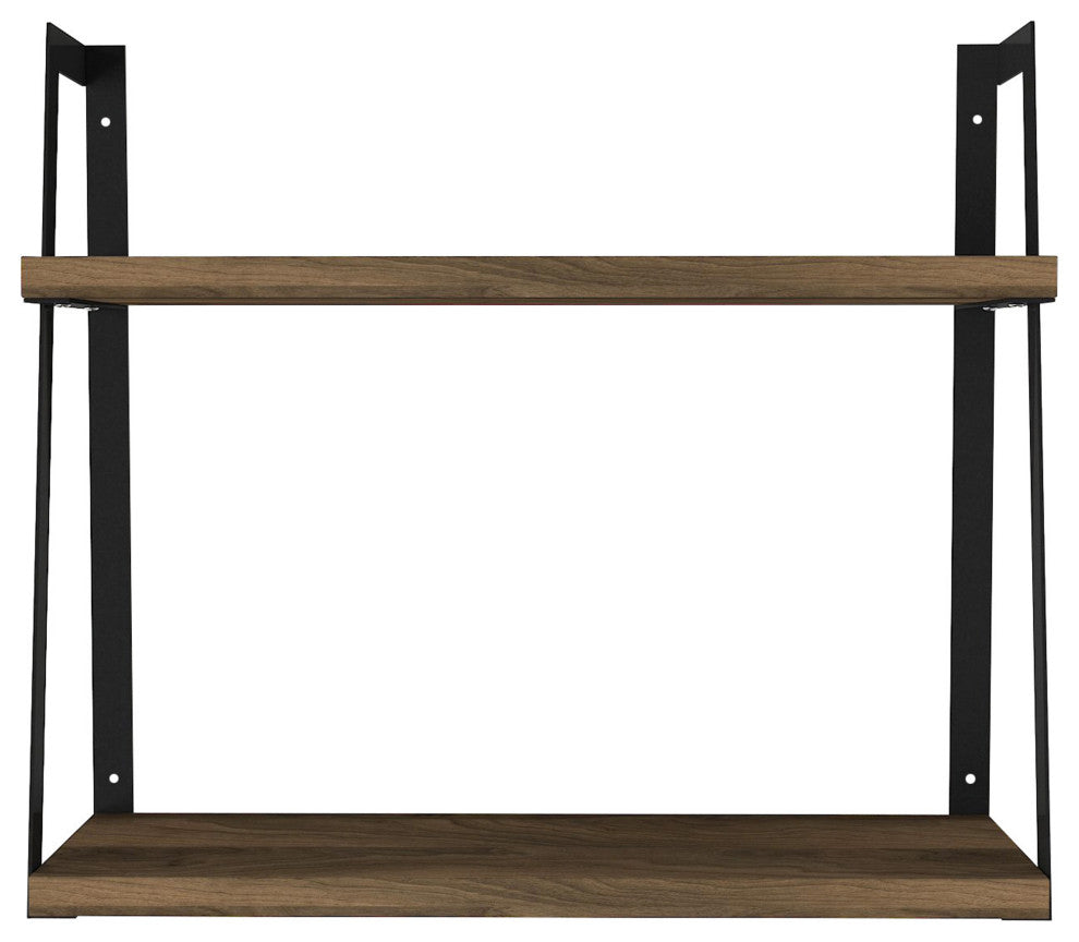 Benzara UPT-272760 2 Tier Wood Floating Wall Mount Shelf, Brown and Black