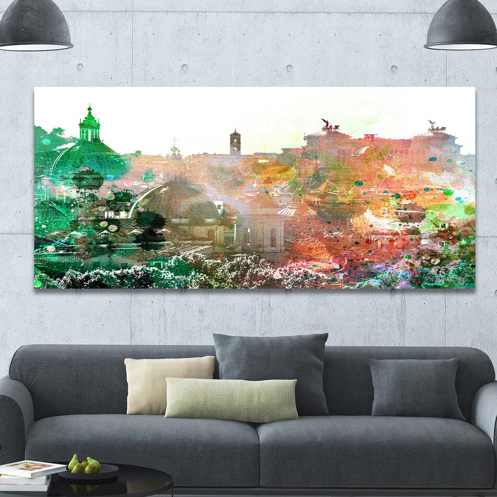 Colorful City Watercolor, Landscape Canvas Art Print, 60"x28"