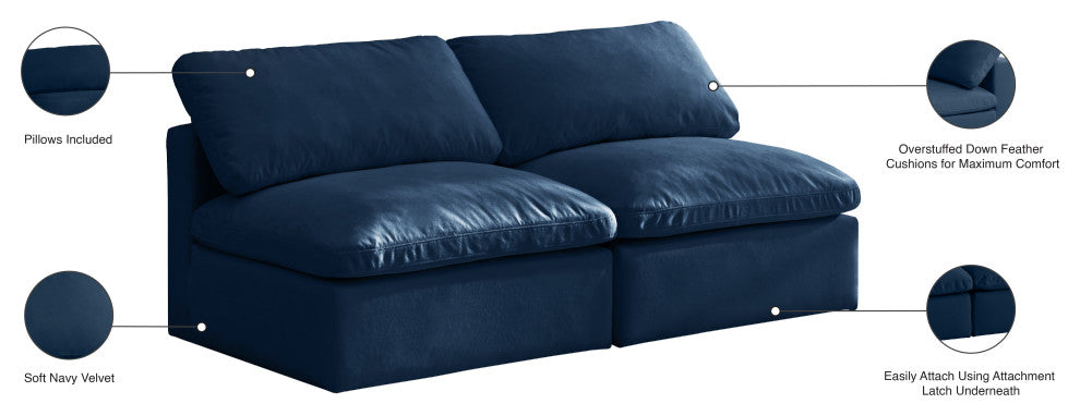 Plush Velvet / Down Standard Comfort Modular Sofa, Navy, 2-Piece: 2 Armless Chair