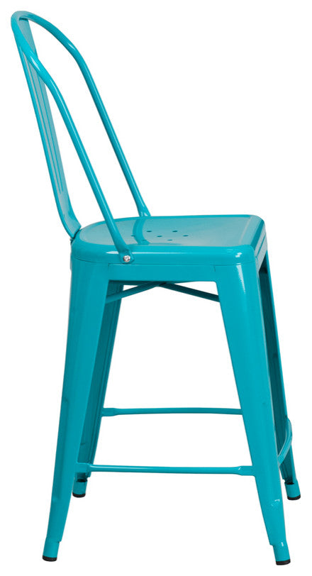 24" High Crystal Teal-Blue Metal Indoor-Outdoor Counter Stool With Back