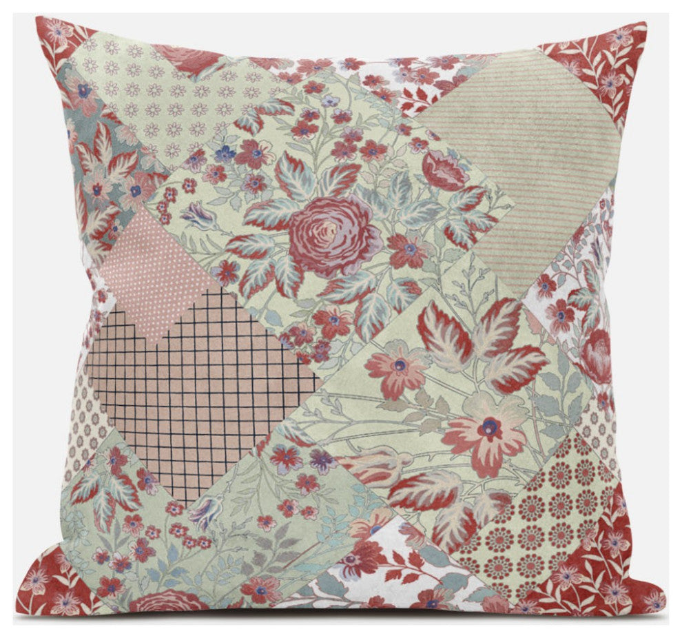 18" Red White Floral Zippered Suede Throw Pillow