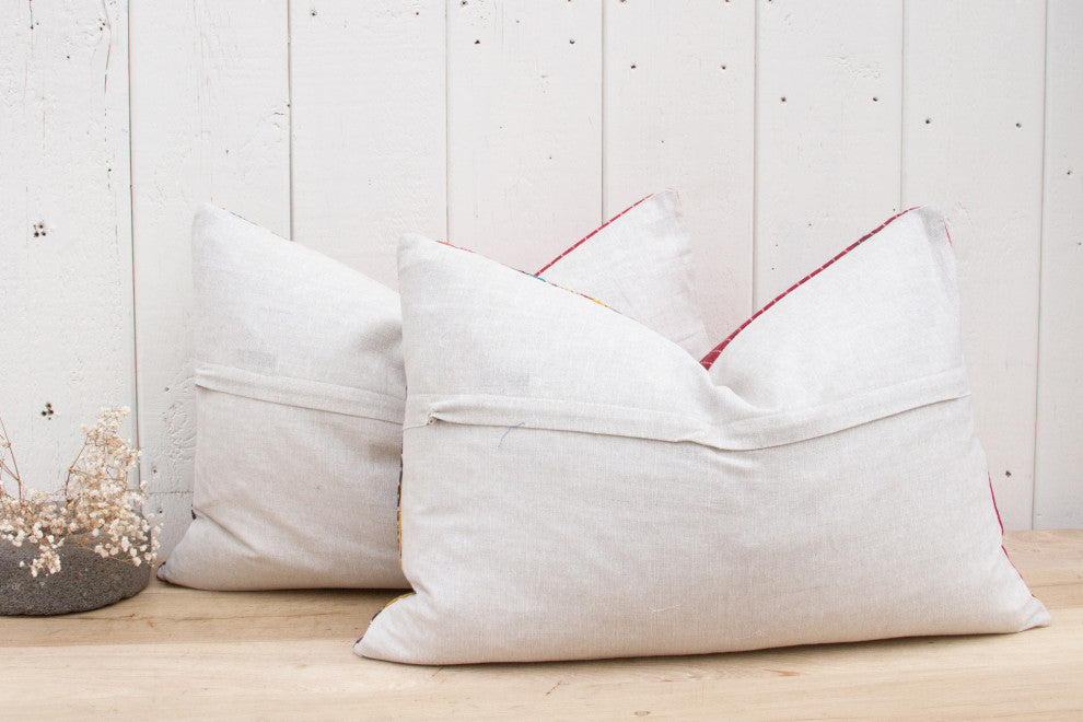 Set of Two Antique Mashru Tribal Lumbar Pillows