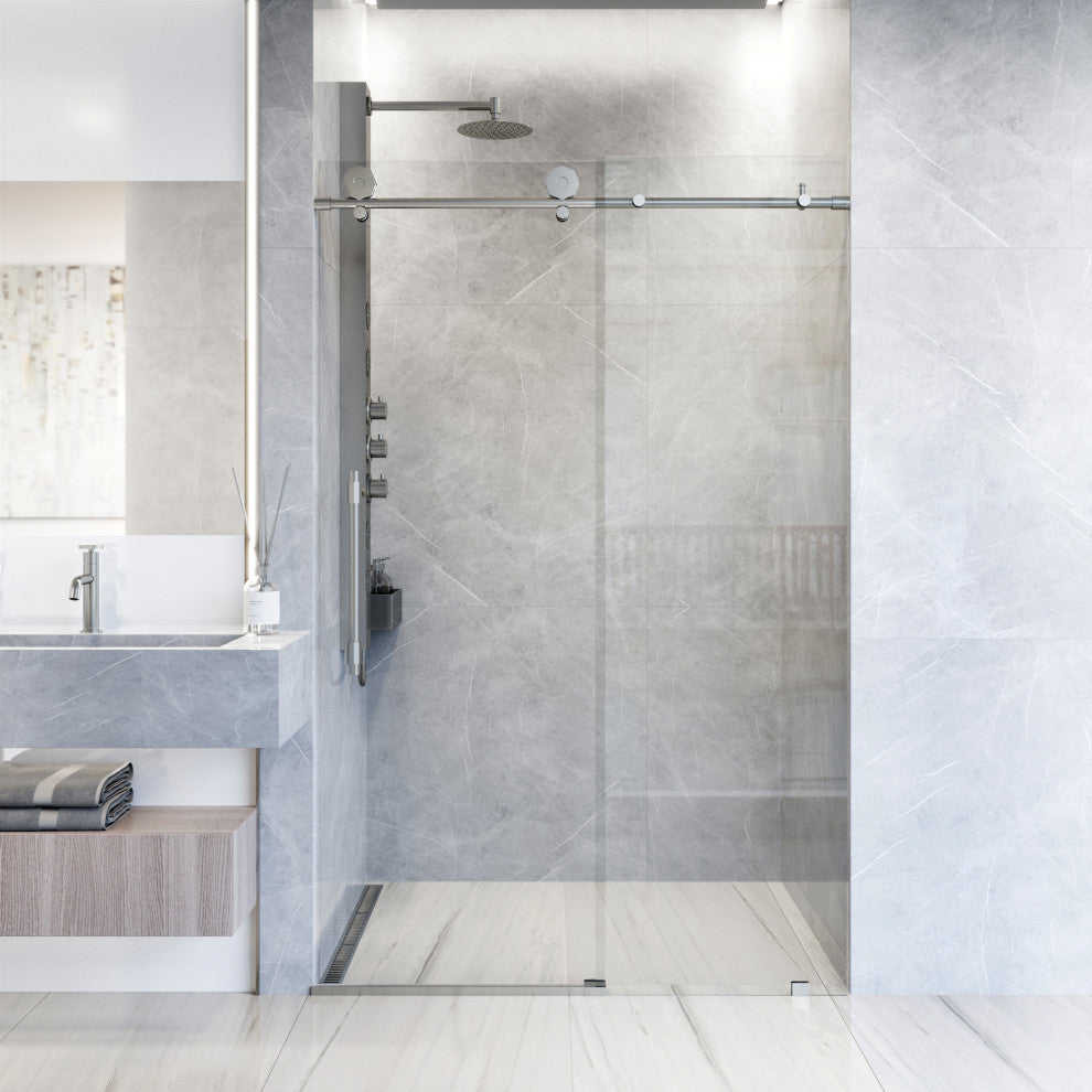 VIGO Elan Hart 56" to 60" W x 76" H Frameless Sliding Shower Door, Stainless Steel, Clear Glass