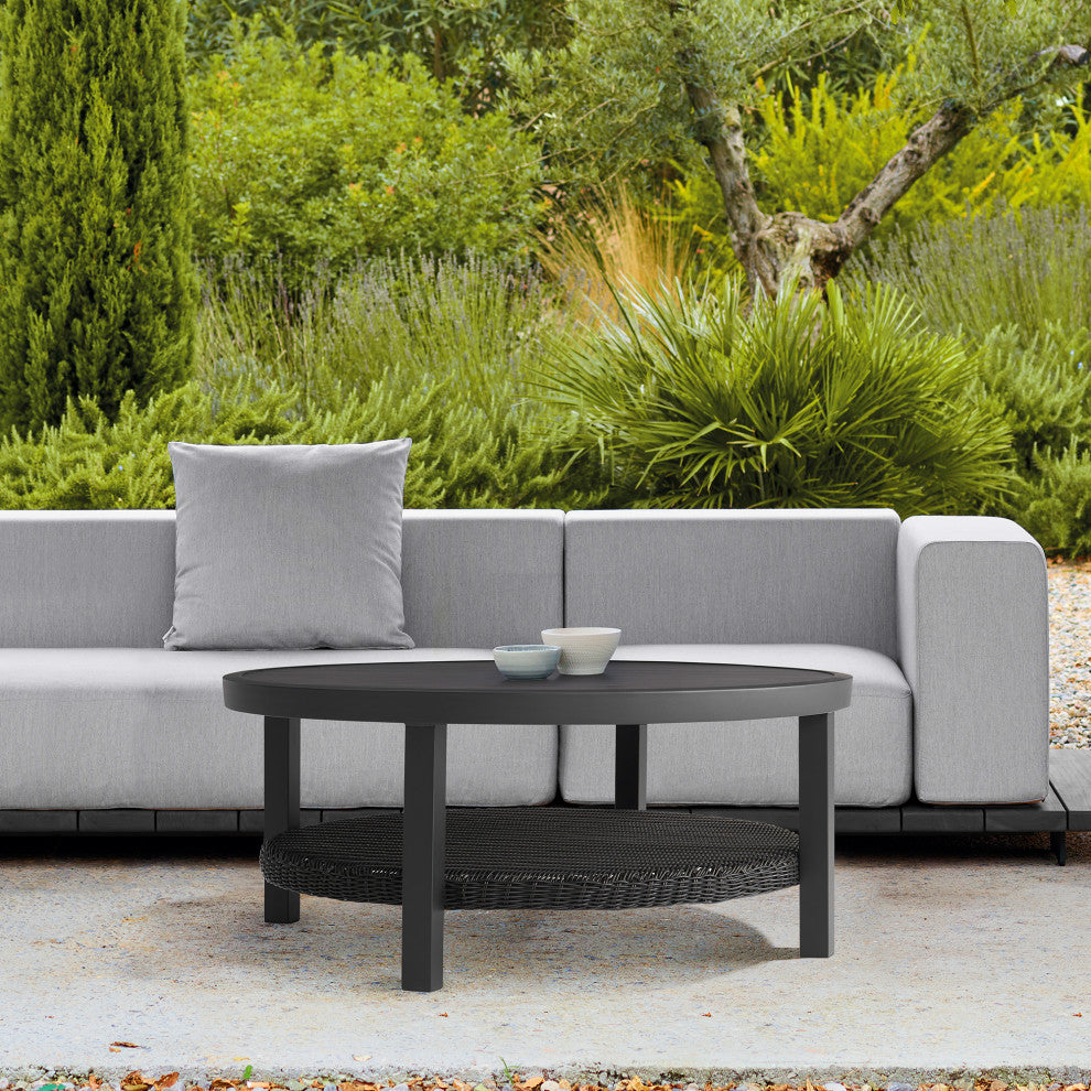 Grand Black Aluminum Outdoor Round Conversation Table With Wicker Shelf