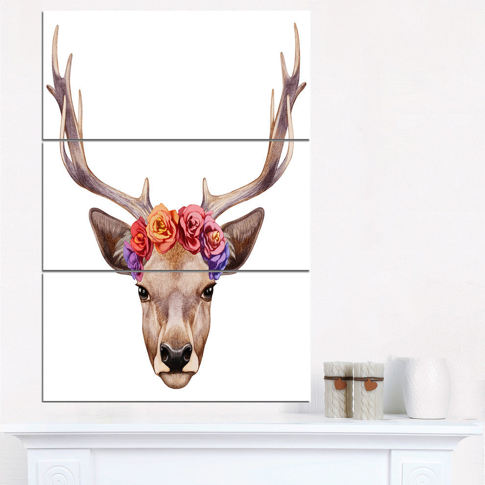 "Designart-Deer Portrait With Floral Head" Metal Wall Art, 3 Panels, 28"x36"