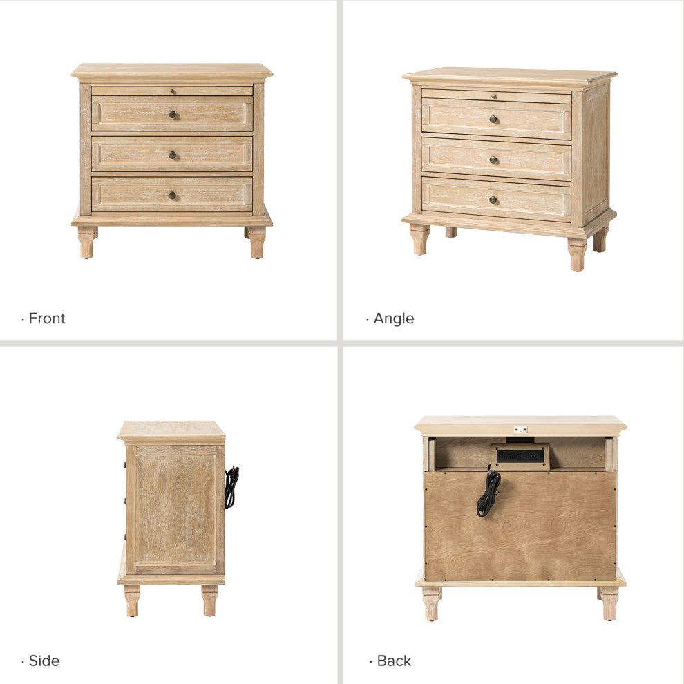 3-Drawer Nightstand With  Built-In Outlets Set of 2, Natural