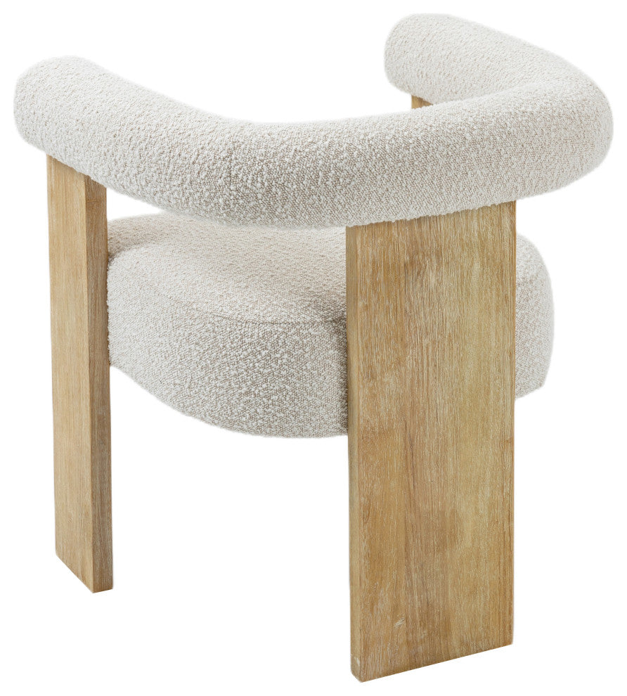 Barrel Boucle Fabric Upholstered Dining Chair, Cream, Natural Finish