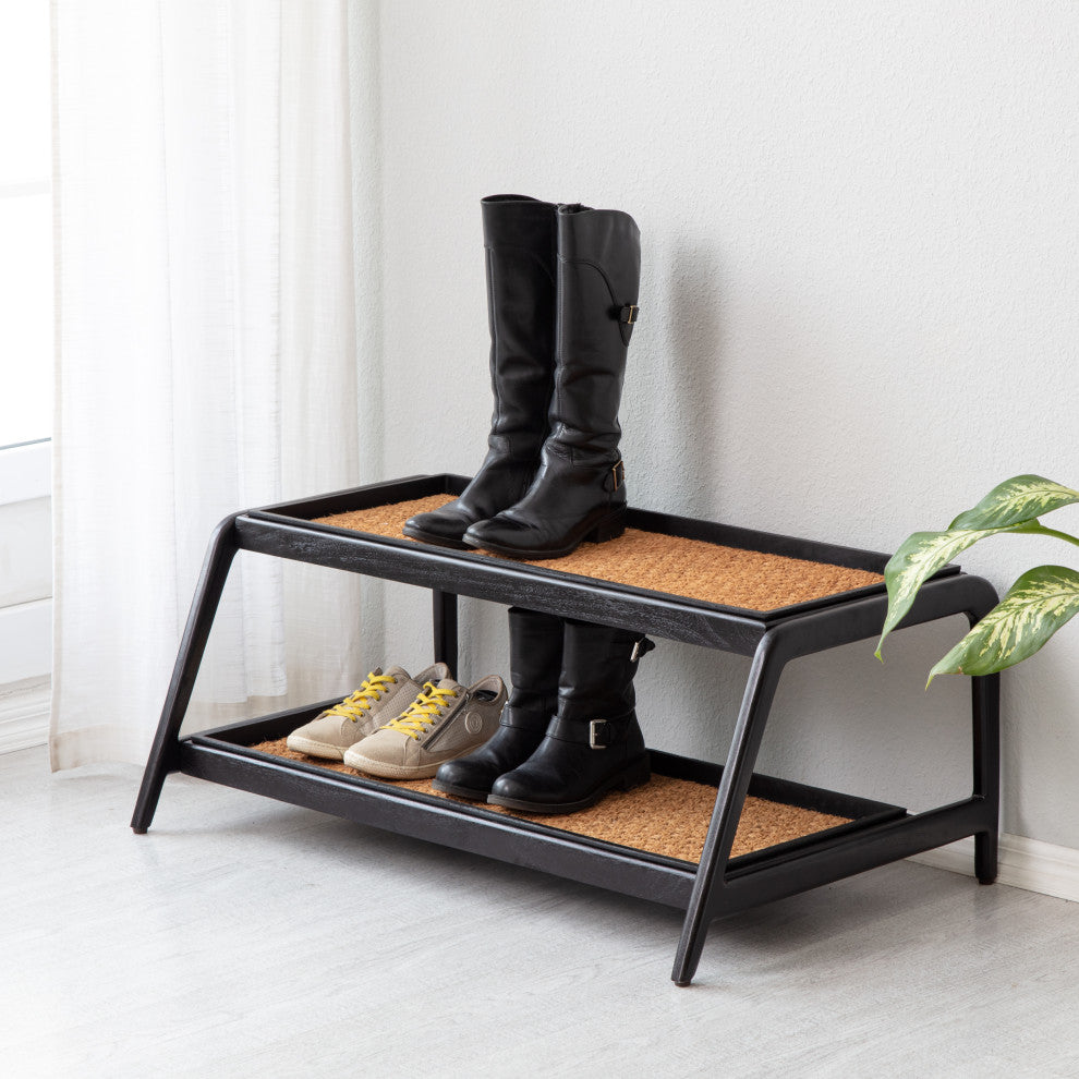 Double-Tier Black Stand With 3-Pair Rubber Boot Trays Smoked Oak