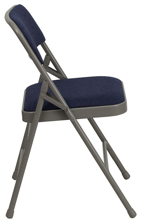 Curved Triple Braced and Double Hinged Navy Fabric Metal Folding Chair, Set of 4