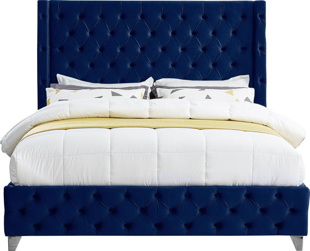 Savan Velvet Upholstered Bed, Navy, King