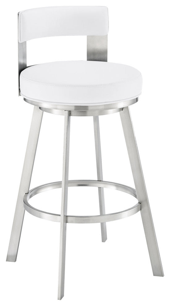 Lynof Swivel Counter Stool With Faux Leather, White, Brushed Stainless Steel