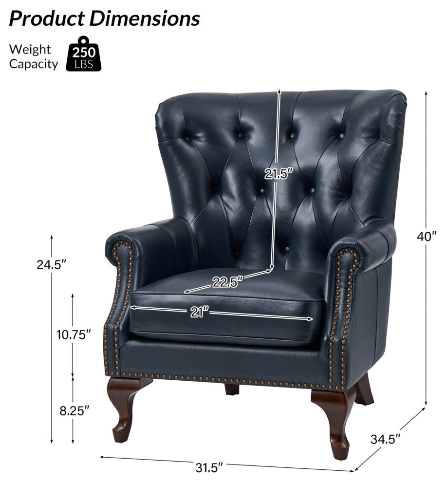 Genuine Leather Armchair With Removable Cushion, Navy