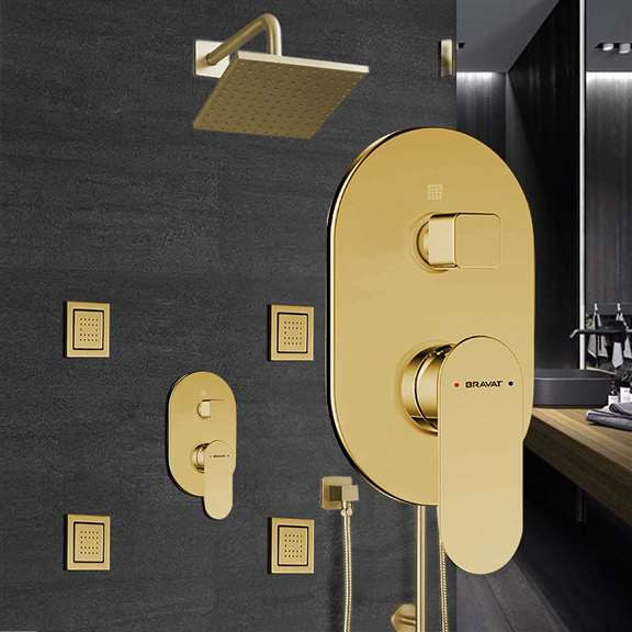 Bravat Brushed Gold Square Shower Set, Valve Mixer 3-Way Concealed Wall Mount