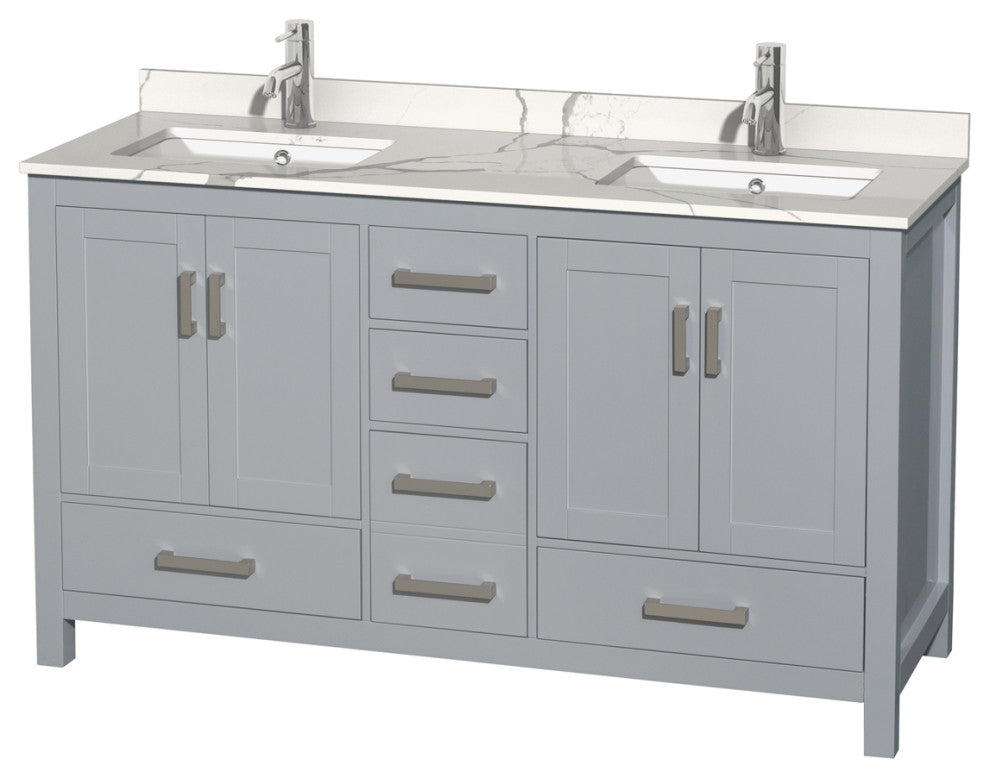 Sheffield 60" Gray Double Vanity, Calacatta Quartz Top, Square Sinks, No Mirror