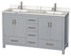 Sheffield 60" Gray Double Vanity, Calacatta Quartz Top, Square Sinks, No Mirror