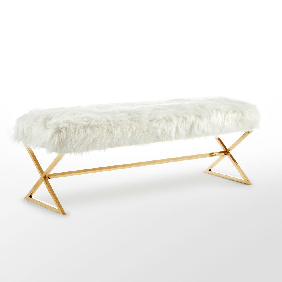 Oria Faux Fur X-Leg Base Bench, White and  Gold