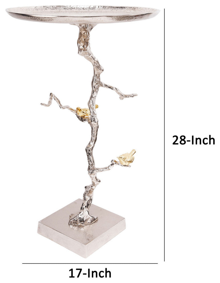 Benzara BM285256 28" Accent Table, Artful Branch, Gold Bird Accents, Silver