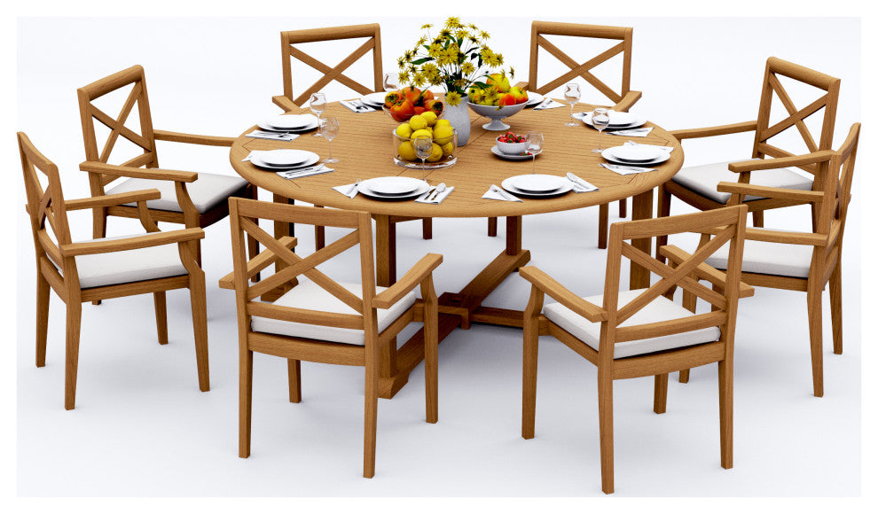 9-Piece Outdoor Teak Dining Set: 72" Round Table, 8 Grand Stacking Arm Chairs