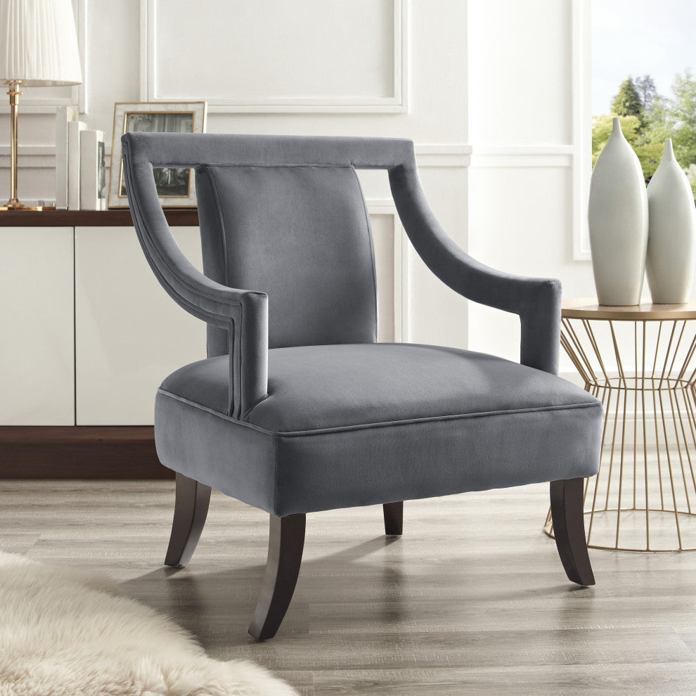 Avery Velvet Swoop Arm Square Back Open Sides Accent Chair, Gray