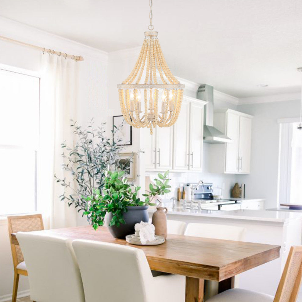 5 - Light Candle Style Empire Chandelier with Beaded Accents, White+gold