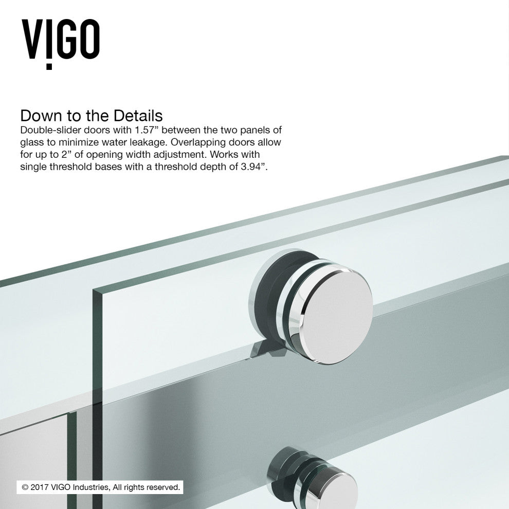 VIGO Caspian 59" to 61" W x 74" H Frameless Sliding Shower Door, Chrome, Clear Glass